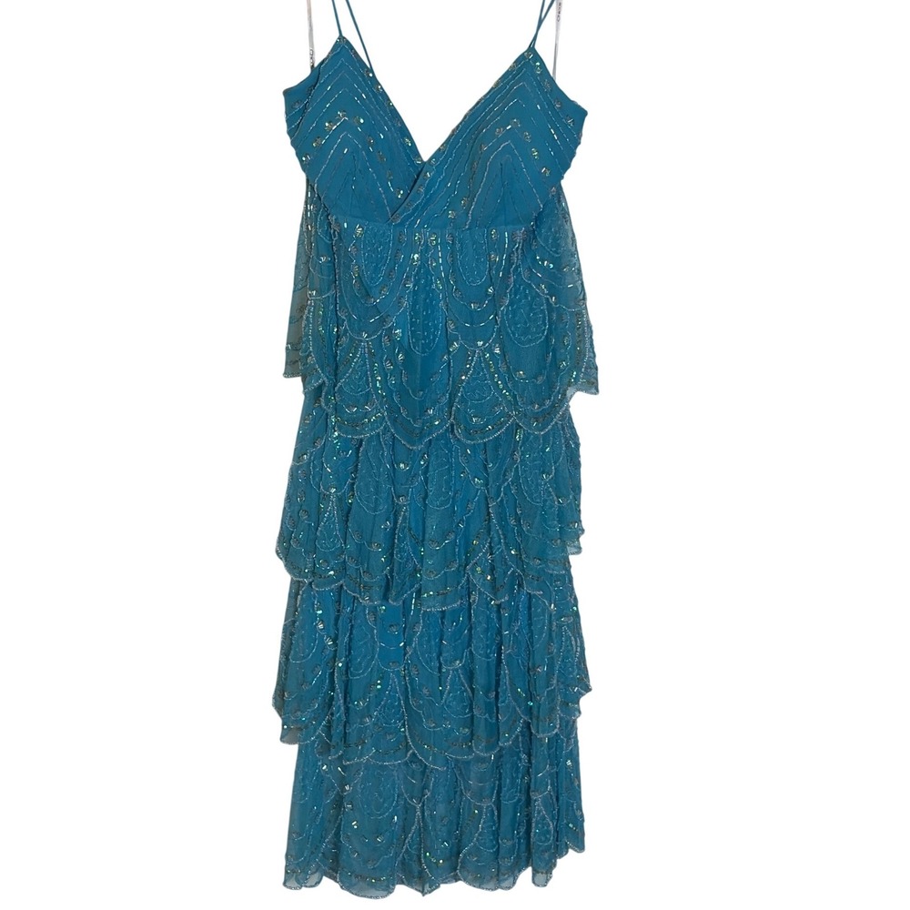 Chicas Turquoise Beaded Tiered ll  prom Dress Lace Up Back Junior large